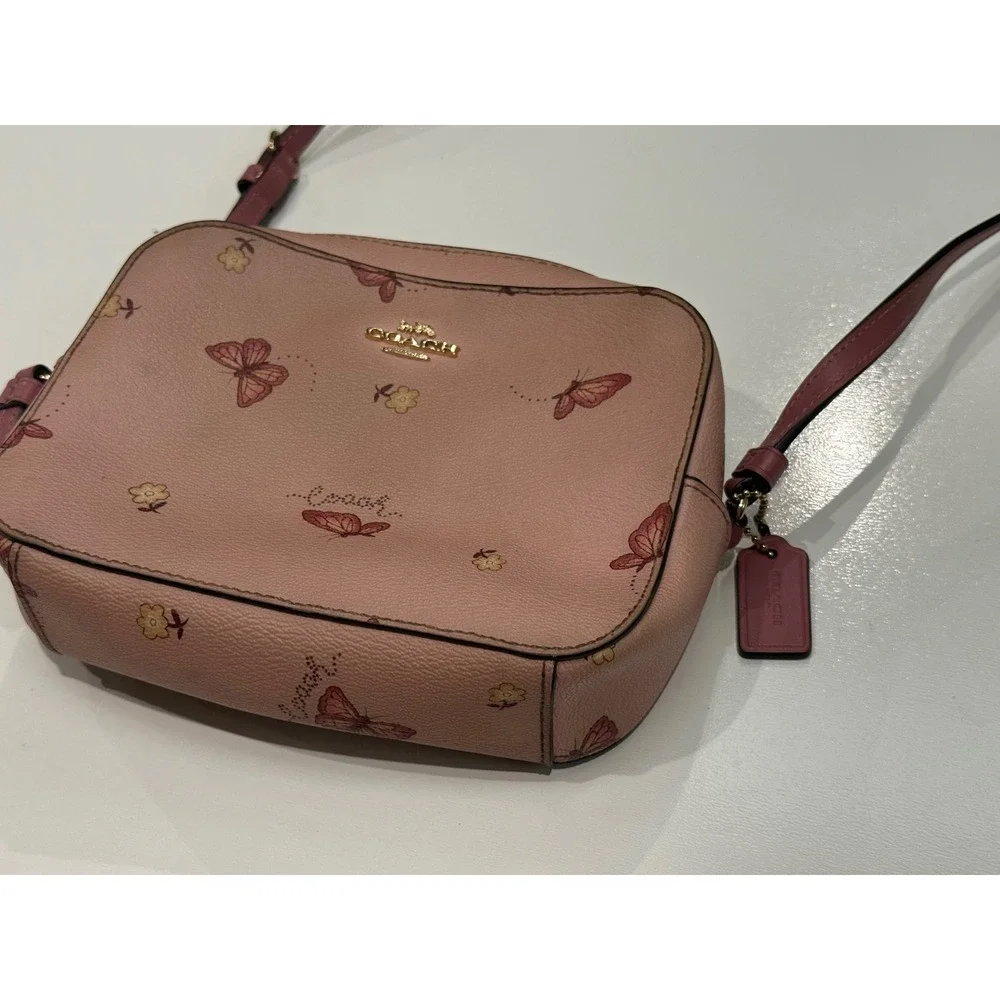 Coach Mini Camera Bag Pink Butterfly Floral Pebbled Leather Crossbody